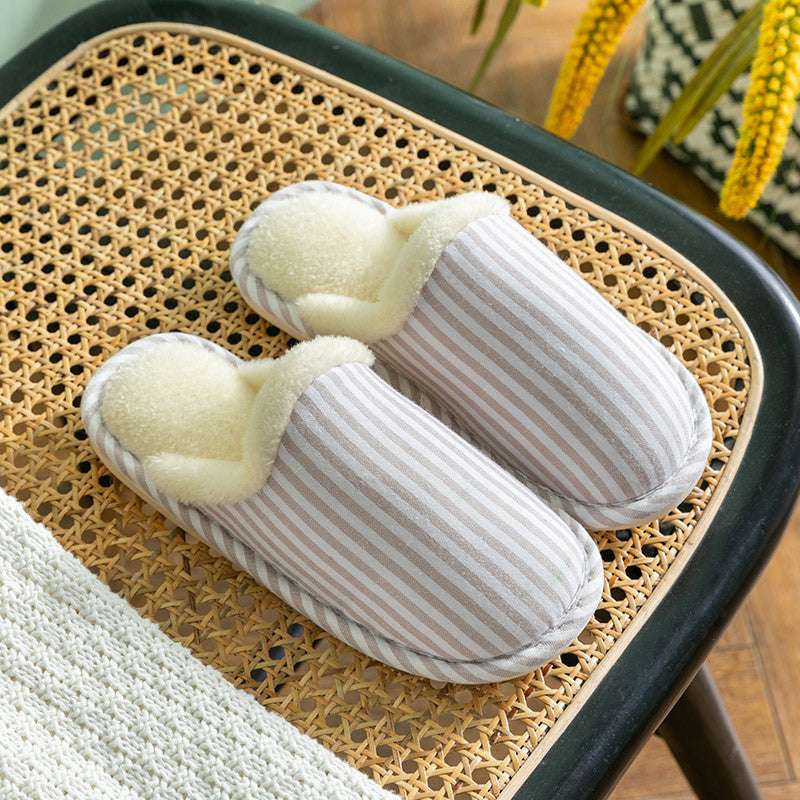 Fashion Striped Printed Slippers For Women Autumn And Winter Warm Non-slip Thick Sole House Shoes Men's Indoor Plush Shoes - globaltradeleader