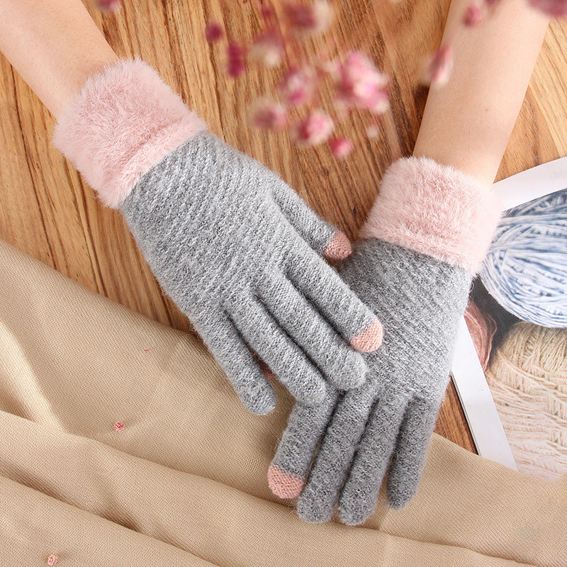 Touch Screen Gloves Female Winter Warm Thickened Knitting Cute Wool Mink-like Velvet Five Finger Gloves - globaltradeleader