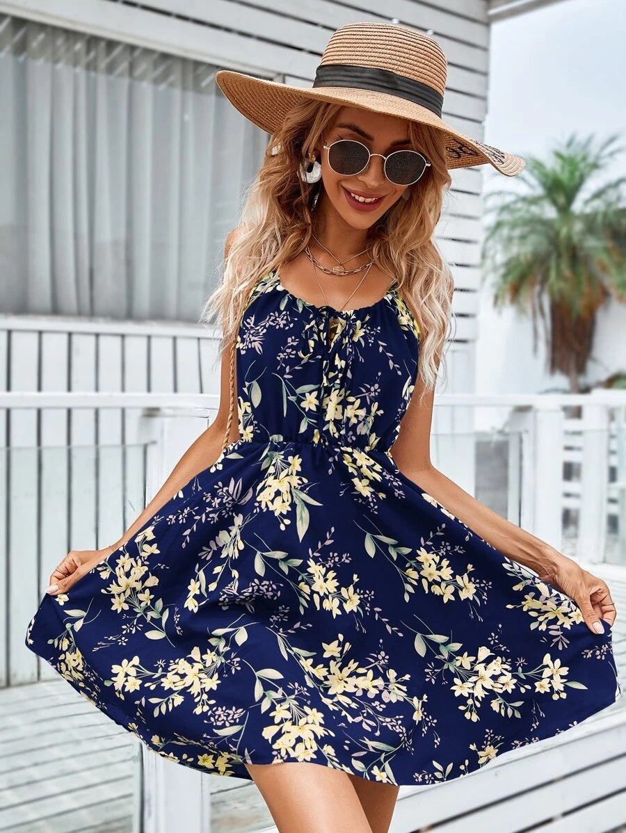 Floral Print Suspender Dress With Elastic Waist Design Fashion Summer Short Dresses Womens Clothing - globaltradeleader