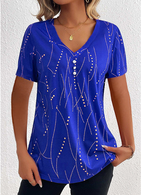 New V-neck Printed Button T-shirt Summer Fashion Leisure Short-sleeved Top Womens Clothing - globaltradeleader