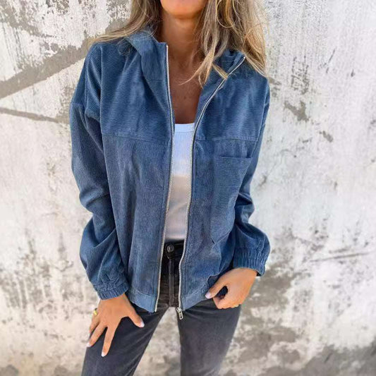 Women's Solid Color Simple Corduroy Hooded Jacket - globaltradeleader