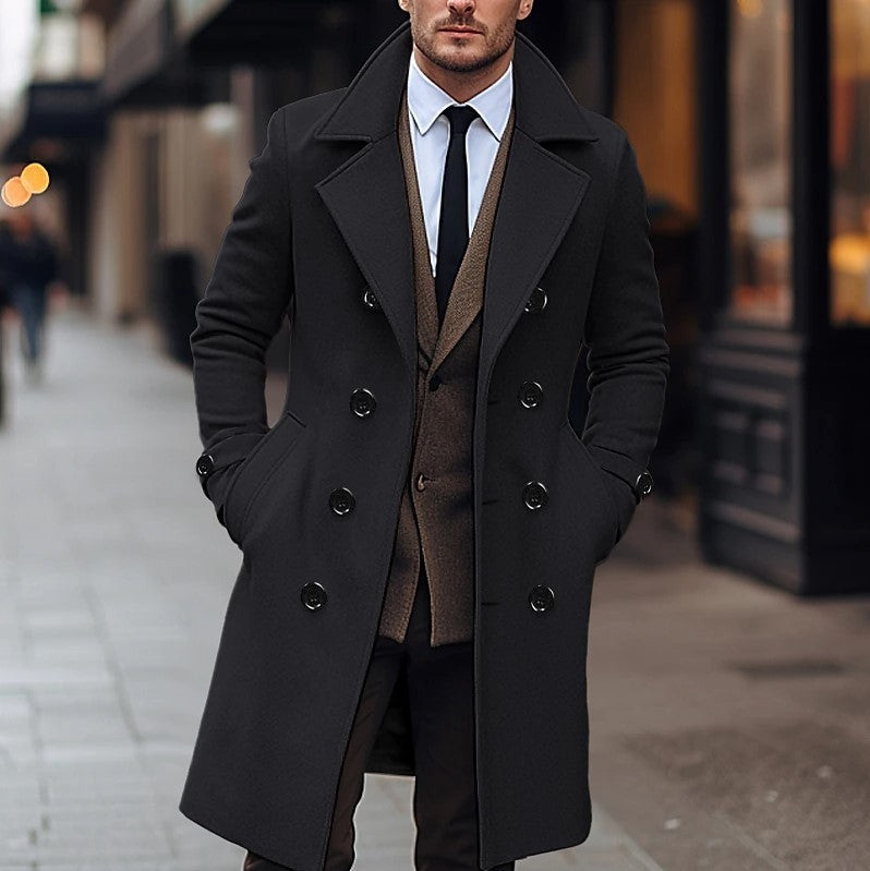 Fall Winter Men Woolen Coat Double Breasted Long - globaltradeleader