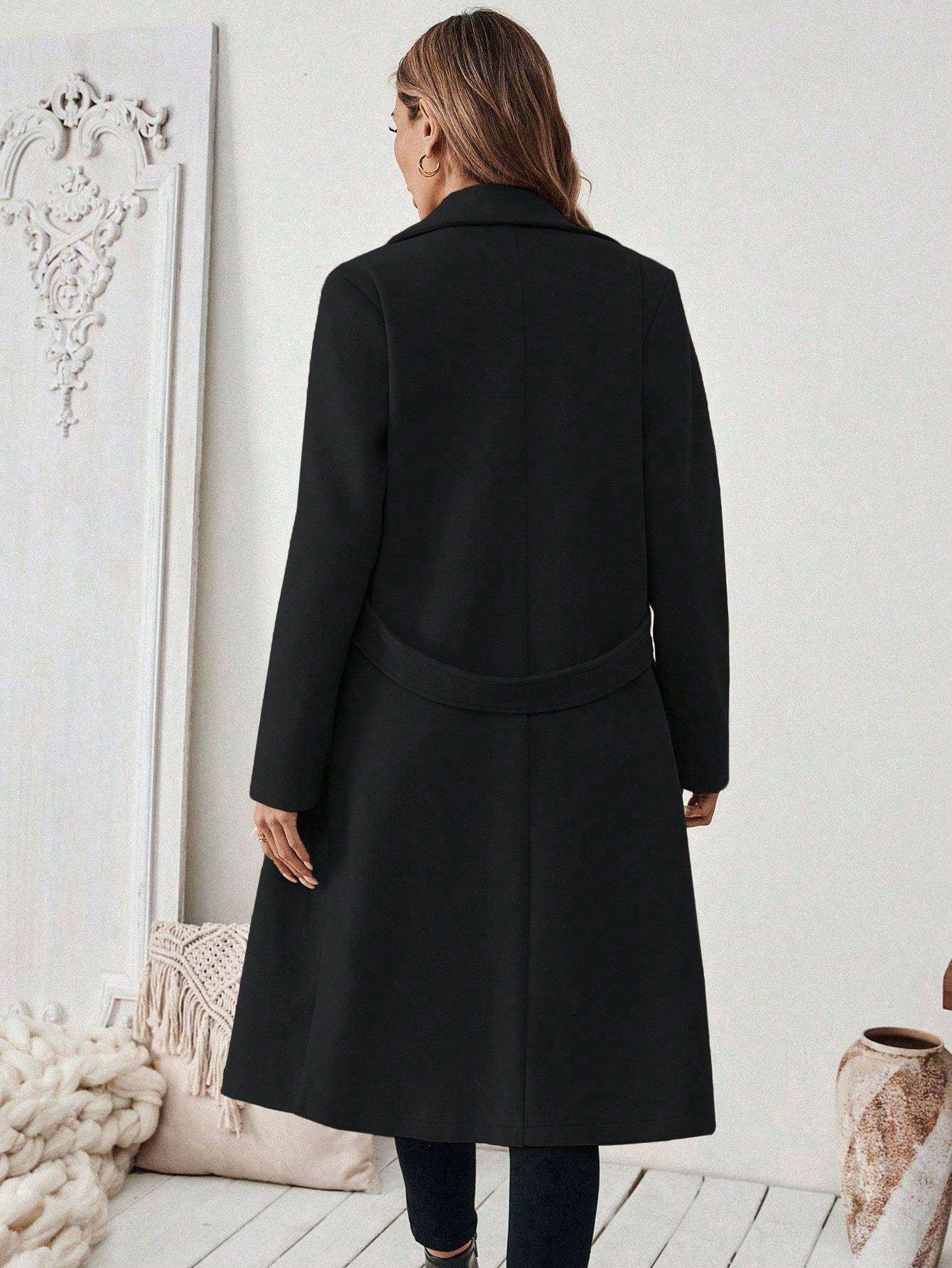 Flat Collar Solid Color Pocket With Belt Long Sleeve Autumn Winter Coat Jacket - globaltradeleader