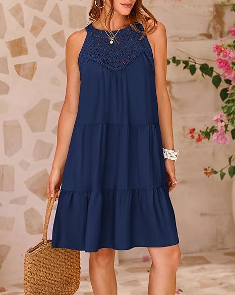 Summer Halterneck A-line Dress With Flower Hollow Lace Design Casual Loose Vacation Beach Dresses For Womens Clothing - globaltradeleader