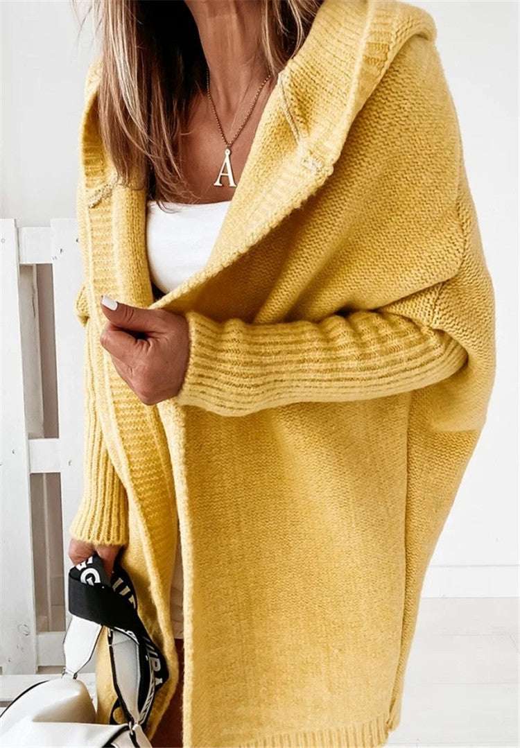Fashion Bat Sleeve Hooded Cardigan Oversized Loose Temperament Solid Color Sweater Womens Clothing - globaltradeleader