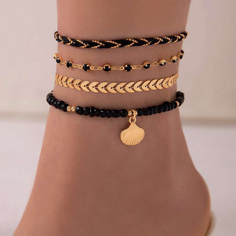 4pcs Set Bohemian Woven Rope Foot Chain For Men And Women Geometric Alloy Black Beads Dropping Oil Anklet Set Summer Fashion Jewelry - globaltradeleader