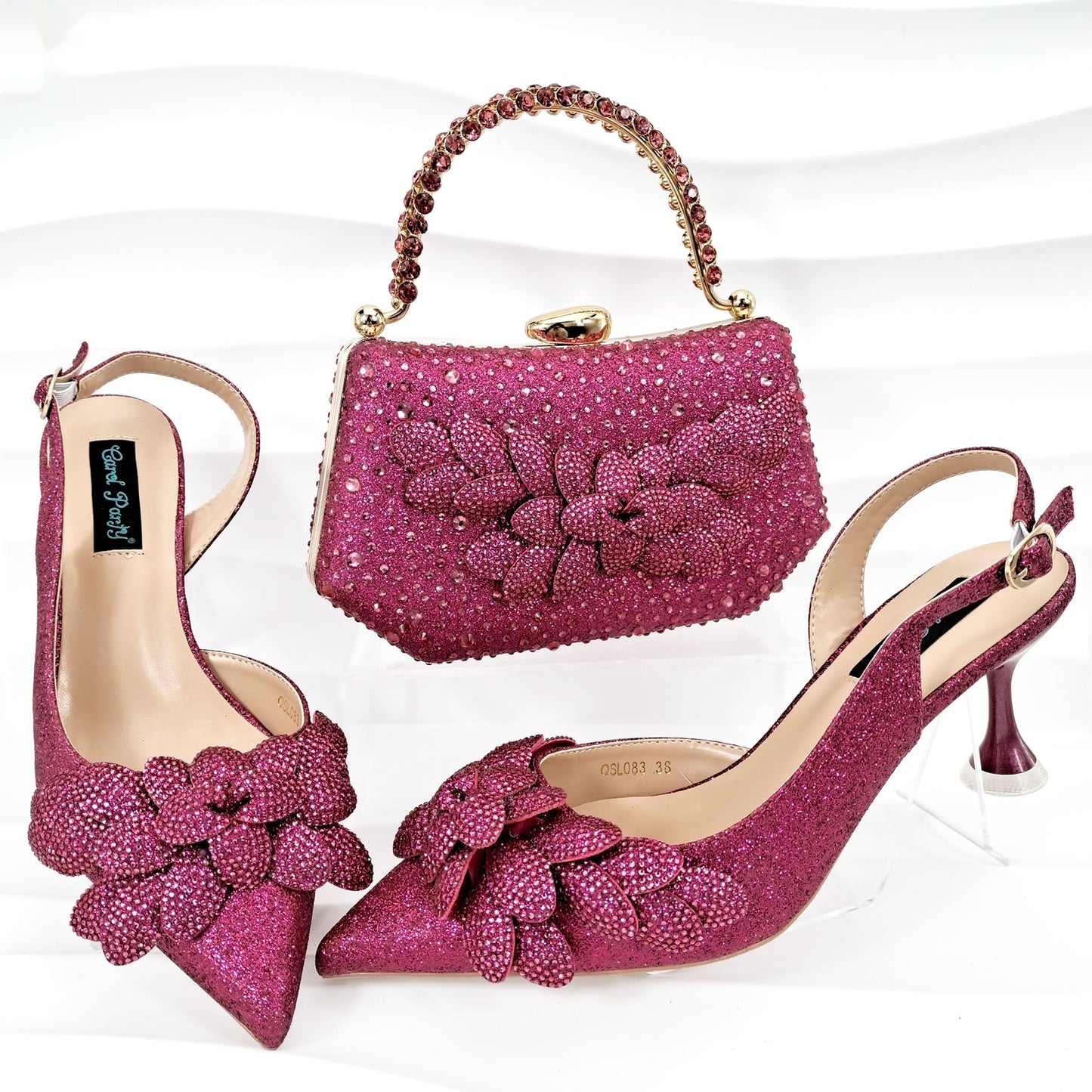 Cross-border Ladies Party Shoes Bag Set Handmade Leaf Decorative Wine Glass Heel - globaltradeleader