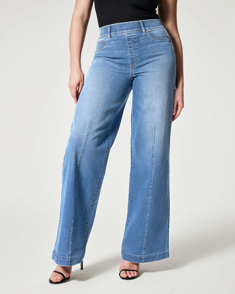 Women's Straight Jeans Mid Waist Wide Leg Pants High Elastic Waist Trousers - globaltradeleader