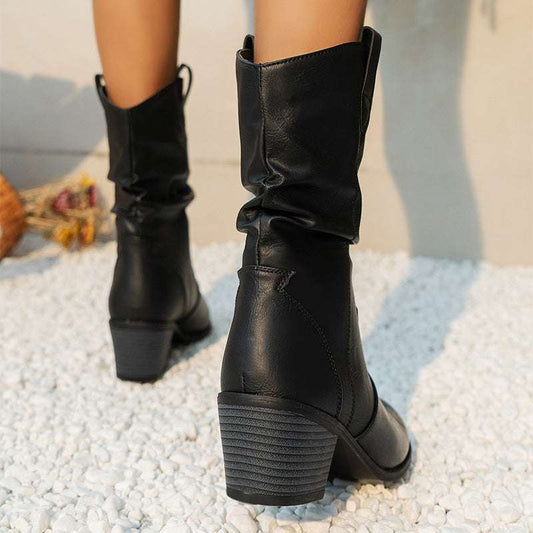 Vintage Western Cowboy Boots For Women Square Heels PU Leather Mid-Calf Shoes Autumn Winter Knight Boots Ladies - globaltradeleader