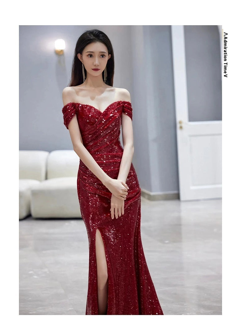 Fishtail Toast Dress Bride Wine Red Split Engagement Dress - globaltradeleader