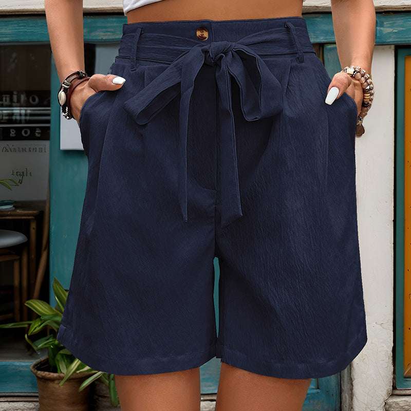 Women's Simple Casual Lace Up Elastic Waist Solid Color Shorts - globaltradeleader