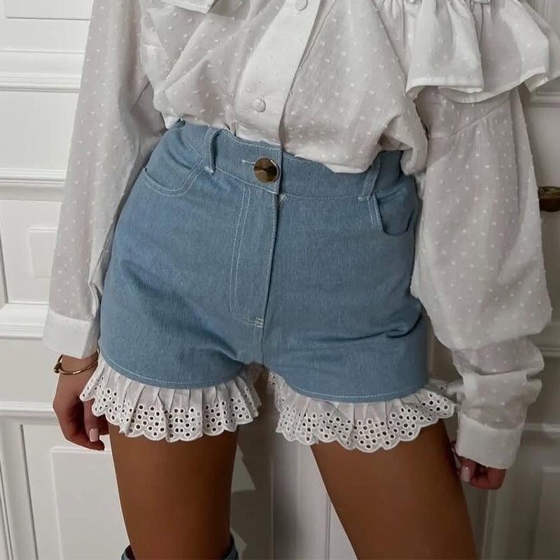 Women's High Waist Lace Stitching Shorts - globaltradeleader