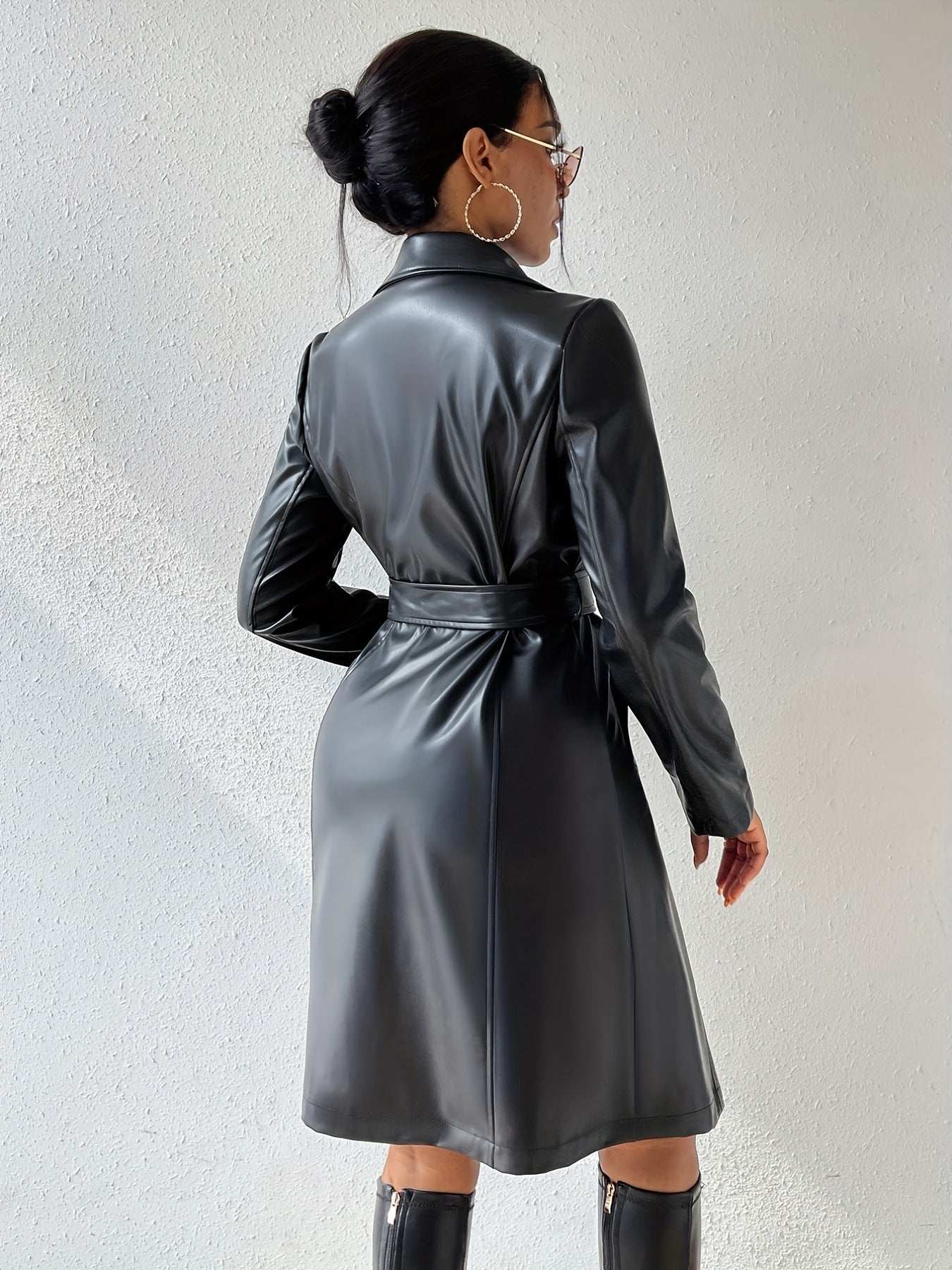 PU Long Sleeve Jacket Women's Slim Fit Long Trench Coat - globaltradeleader