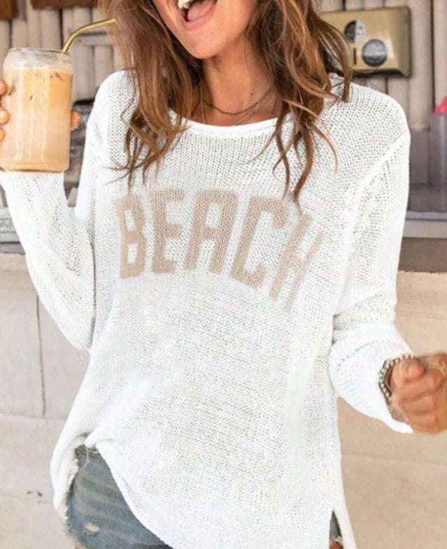 Women Casual Fashion Long Sleeve Letter Loose Knit Pullover Sweater - globaltradeleader