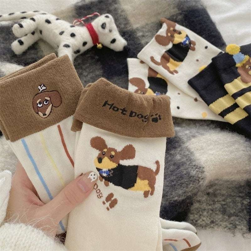 Autumn And Winter Puppy Embroidery Tube Socks Flanging Cartoon Sausage Dog Vertical Bar Bunching Socks - globaltradeleader