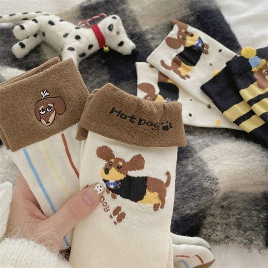 Autumn And Winter Puppy Embroidery Tube Socks Flanging Cartoon Sausage Dog Vertical Bar Bunching Socks - globaltradeleader