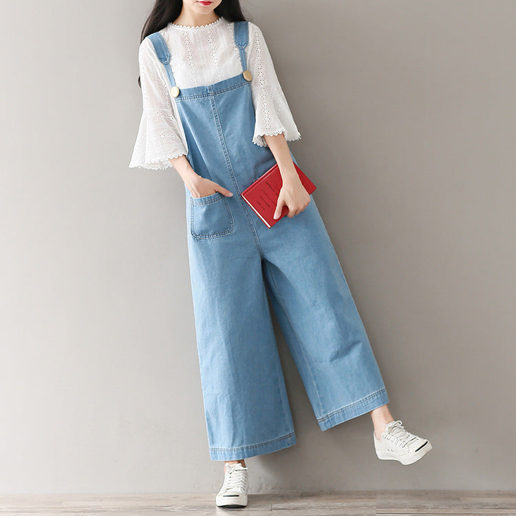 Women's Loose Large Size Cropped Pants Wide Leg Denim Brace Trousers