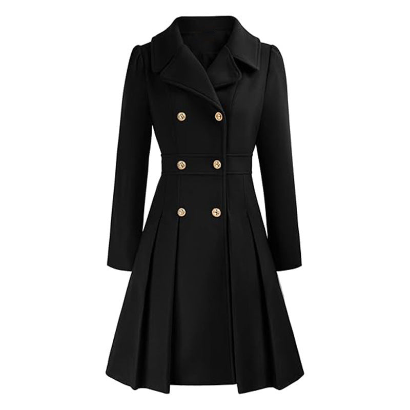 Women's Windbreaker Lapel Double Breasted Pocket A- Line Pea Coat - globaltradeleader
