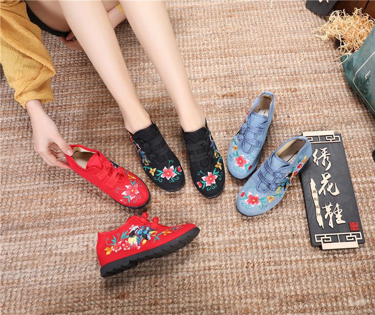 Women's Single Ethnic Embroidered Cloth Shoes With Rubber Platform Elegant Buckle