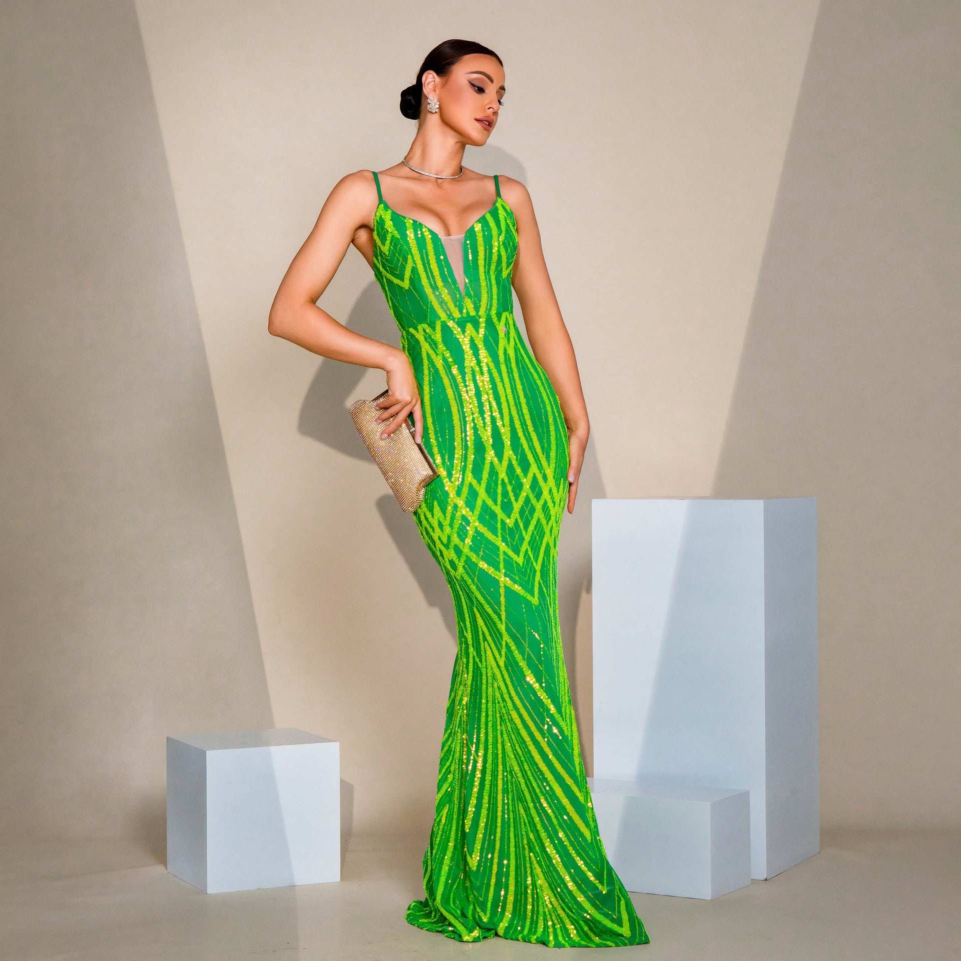 V-neck Strap Sequined Fishtail Evening Dress - globaltradeleader