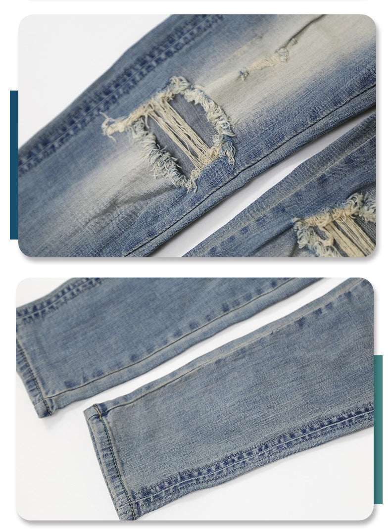 Pure Black Stretch Jeans With Holes For Men