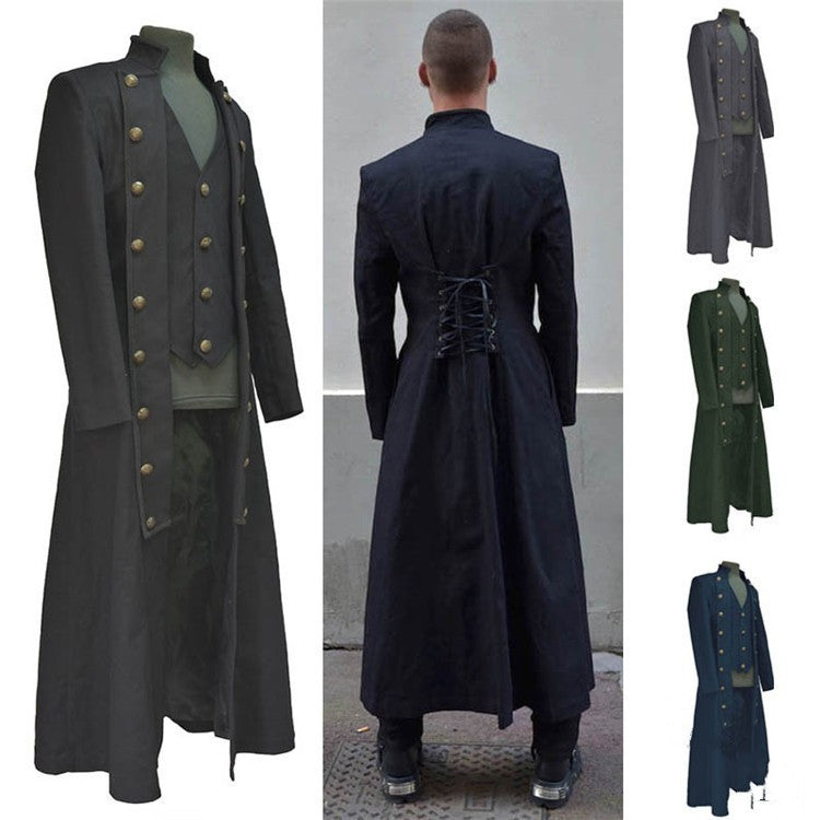Men's Long Sleeve Stand Collar Three Row Button Coat - globaltradeleader