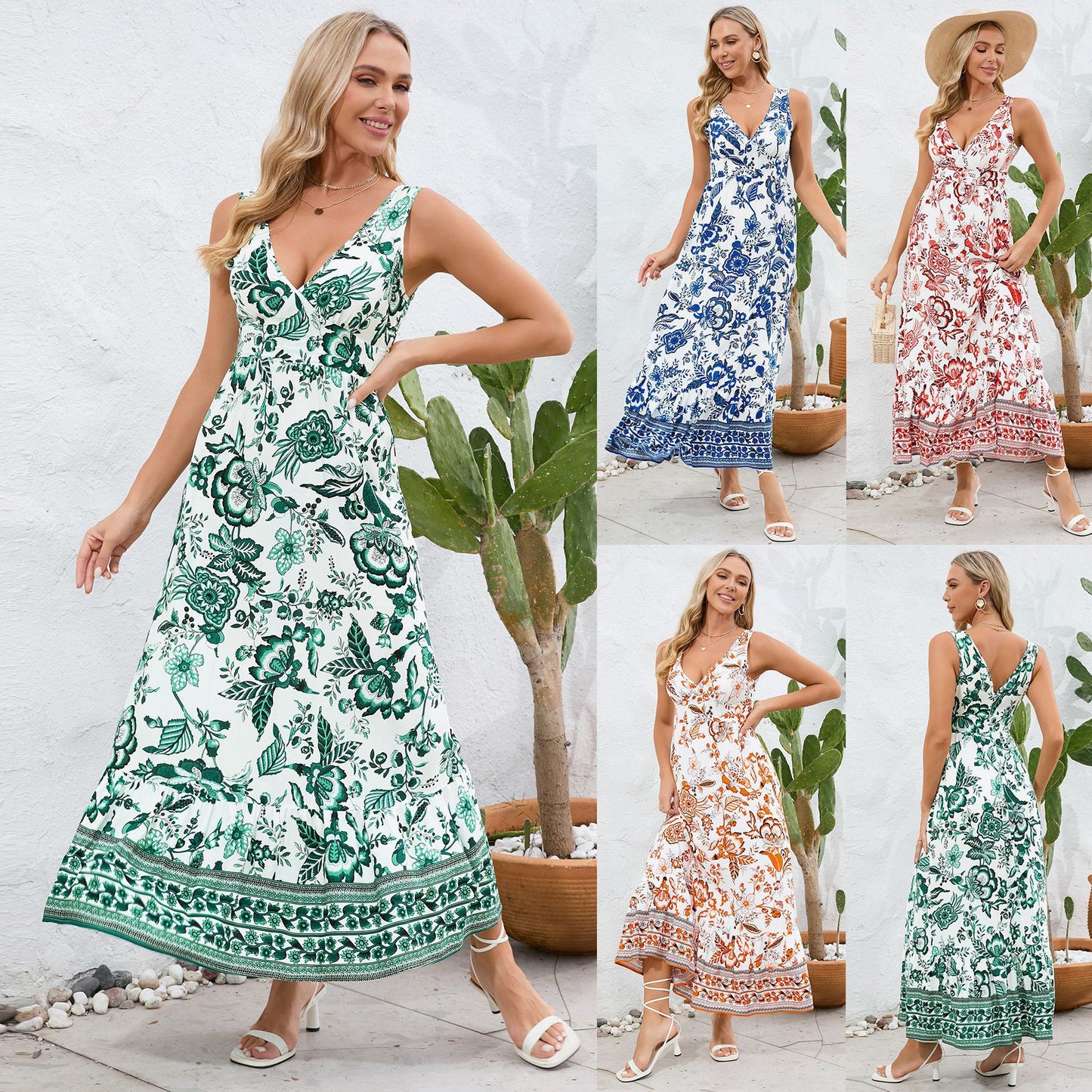 Fashion Floral Print V-neck Dress Summer Sexy Slim Fit Sleeveless Long Dress - globaltradeleader