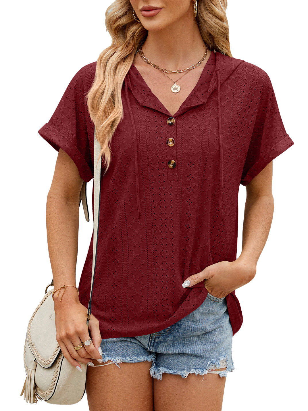 New Solid Color Hooded Button T-shirt Loose Hollow Design Short-sleeved Top For Womens Clothing - globaltradeleader