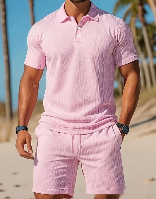 Men's Casual Beach Mesh Lapel Set Summer Comfortable Breathable Loose Solid-Color Sports Short-Sleeved Shirt And Shorts Set - globaltradeleader