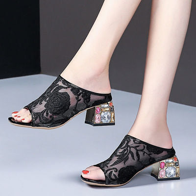 Ethnic Wind Rhinestone Mid-heel Mesh Slippers - globaltradeleader