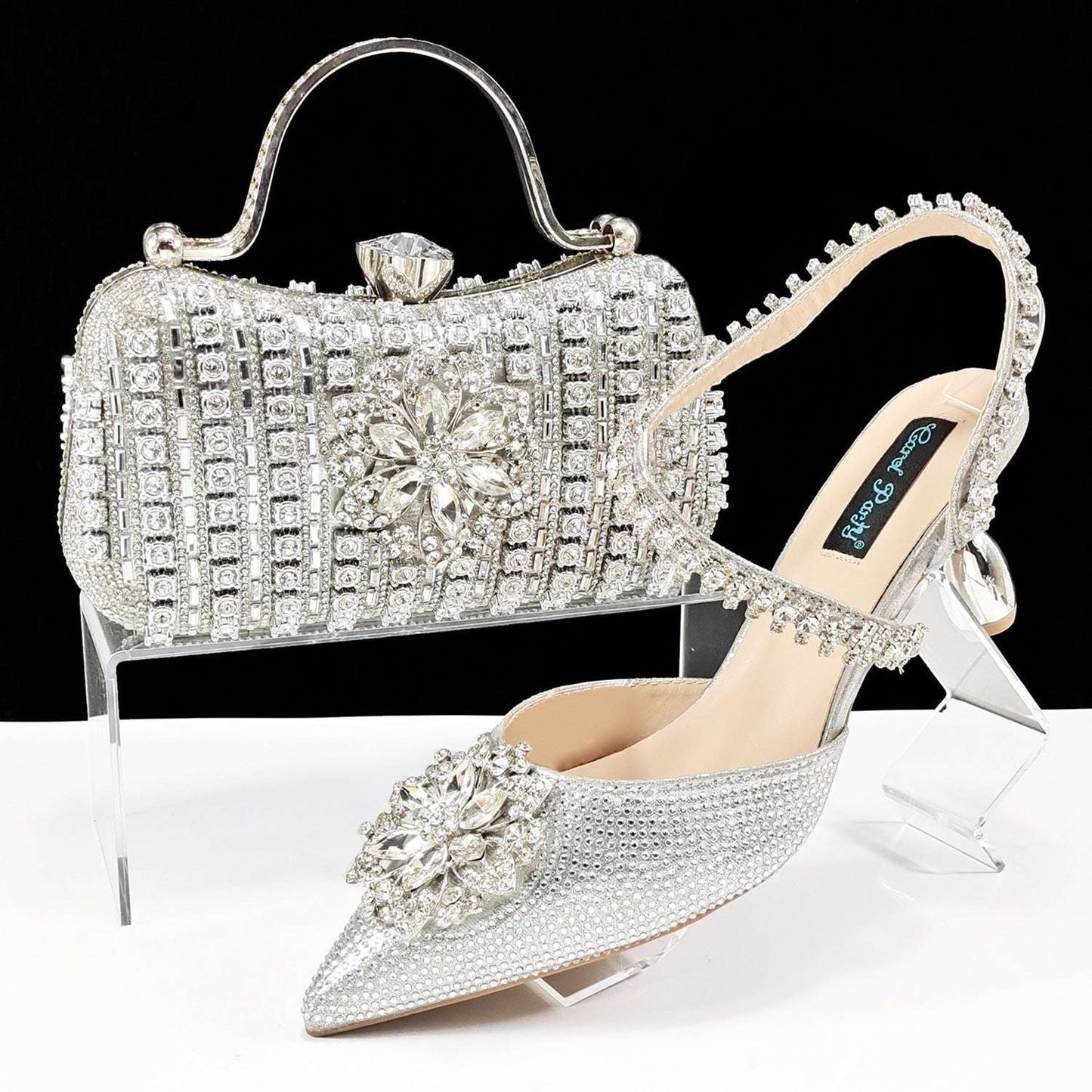 Sexy Women's Shoes And Bags Suit Drill Buckle Flower Decorative Ankle Drill Chain With Hard Clutch - globaltradeleader