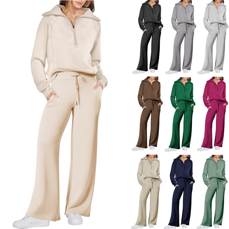 Leisure Sports Suit Long-sleeve Zipper Sweatshirt Wide Leg Pants Two-piece Set - globaltradeleader