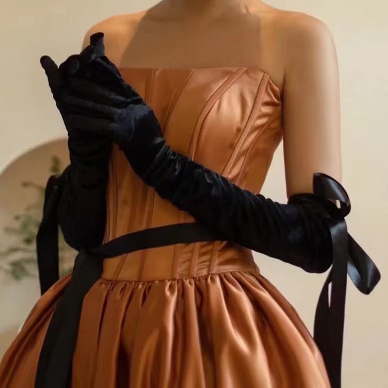 Black Satin Fabric Gloves Long Bag Finger Evening Dress Banquet Photography Jewelry Hepburn Style - globaltradeleader