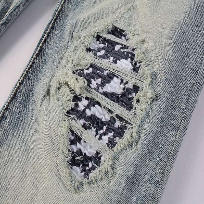 American High Street Fashionable Men's Ripped Black And White Patch Jeans - globaltradeleader