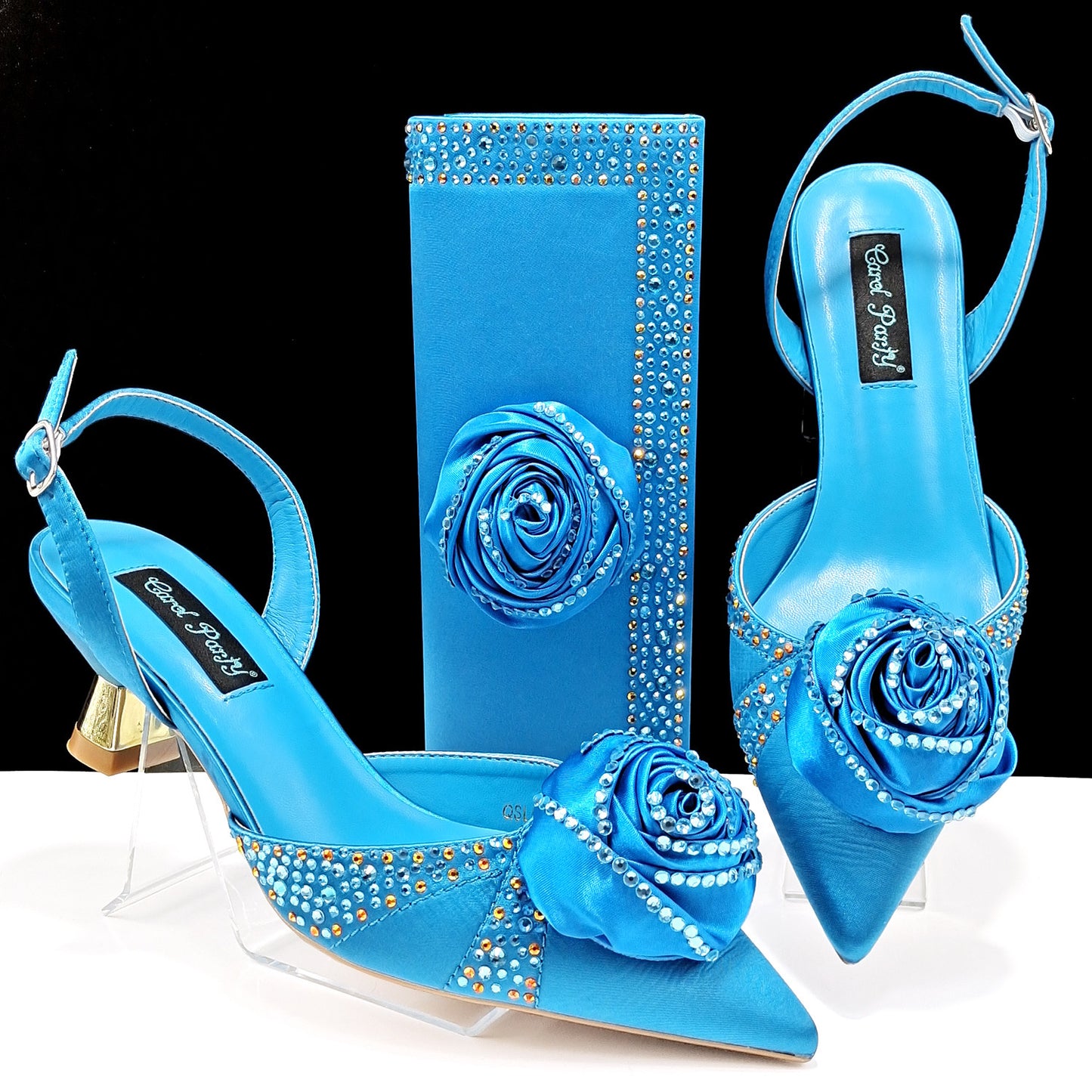 Women's Shoes And Bags Handmade Flower Decoration High Temperature Rhinestone Satin High Heels Suit - globaltradeleader