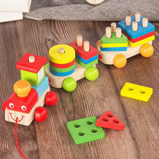 Children's Puzzle Matching Drag Train Wooden Building Blocks Teaching Aids