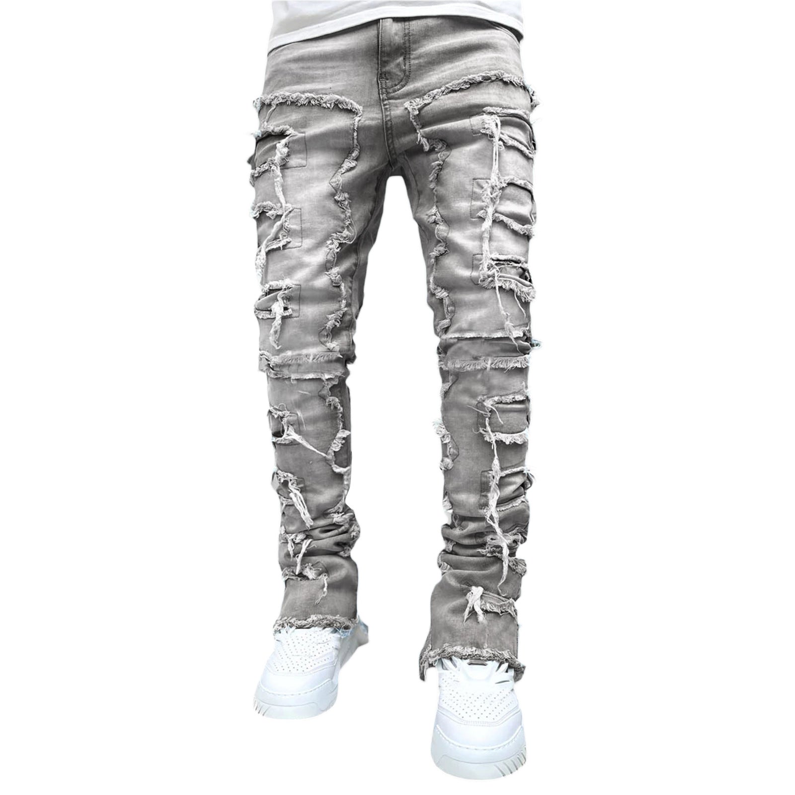 Men Trousers Individual Patched Pants Long Tight Fit Stacked Jeans For Mens Clothing - globaltradeleader