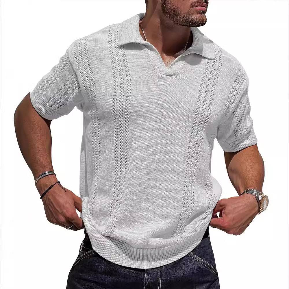 European And American Fashion Men's Knitted Polo Shirt Short Sleeve V-neck Hollow - globaltradeleader