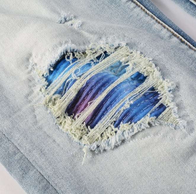 High Street Light Blue Broken Hole Colorful Gradient Pants - globaltradeleader