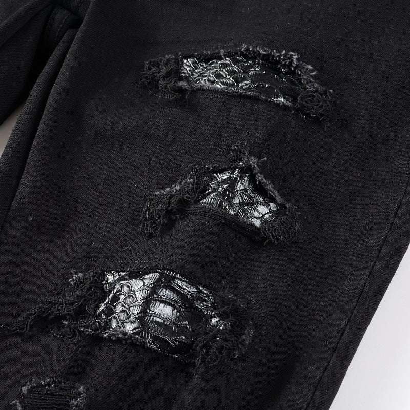 Broken Jeans With Elastic Embroidery Snake