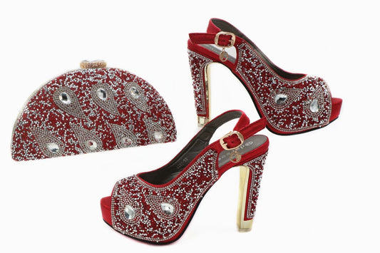 Burgundy Stiletto High Heels Fish Mouth Shoes With Rhinestones - globaltradeleader