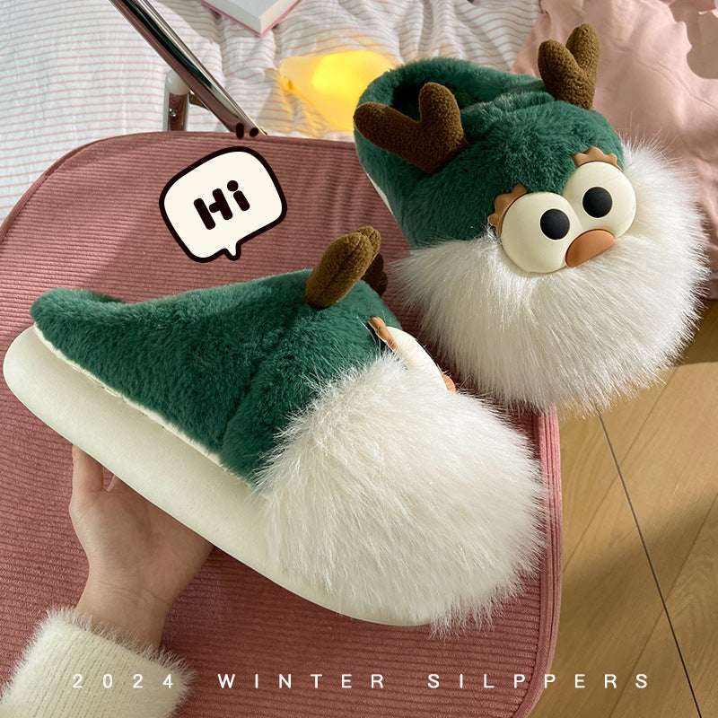 Cute Cartoon Christmas Deer Cotton Shoes Winter Indoor Floor Home Slippers Half-covered Heel Warm Plush Shoes Women - globaltradeleader