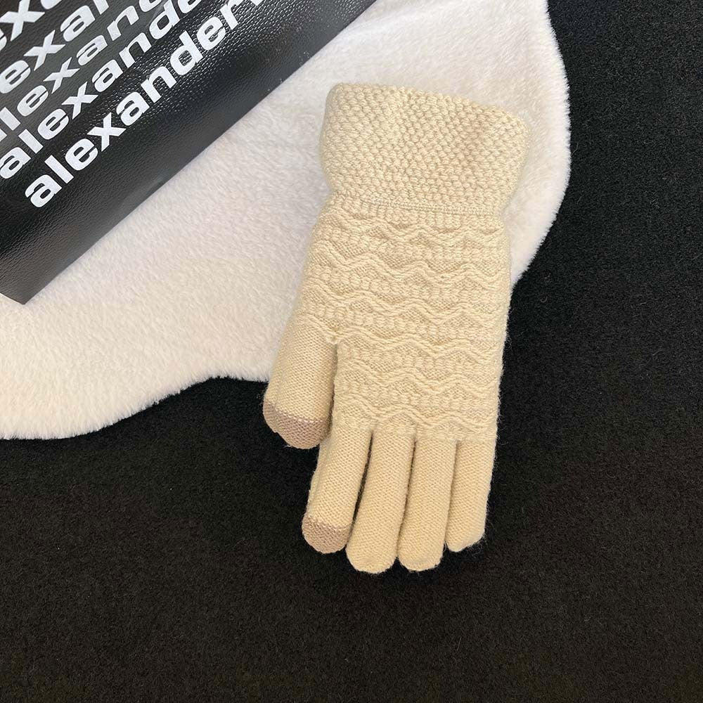 Women's Wave Patterned Double-layer Velvet Thickened Knitted Gloves - globaltradeleader