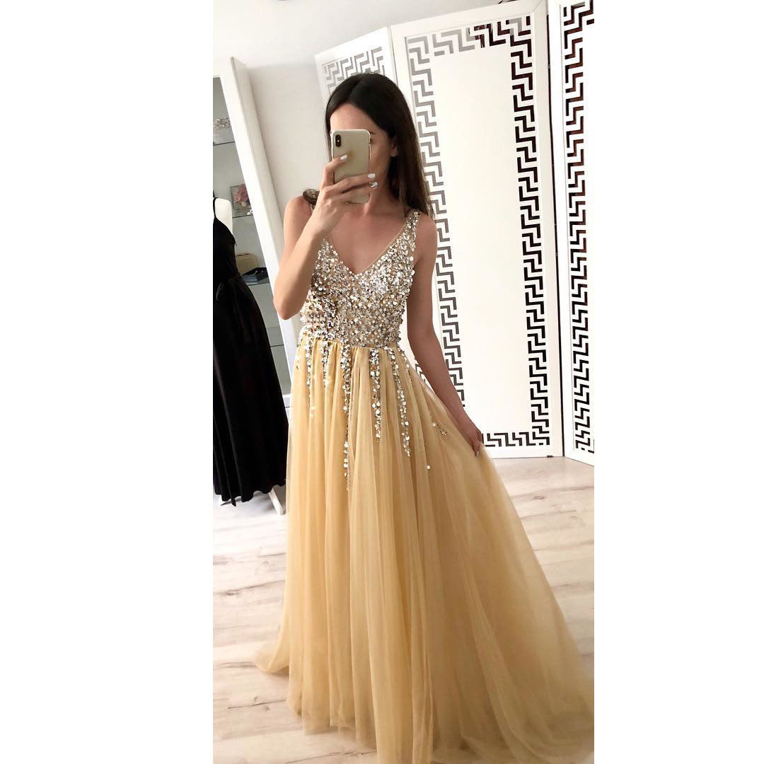 Hot Sale Front And Back V-neck Sequined Floor-length Dovetail Dress - globaltradeleader