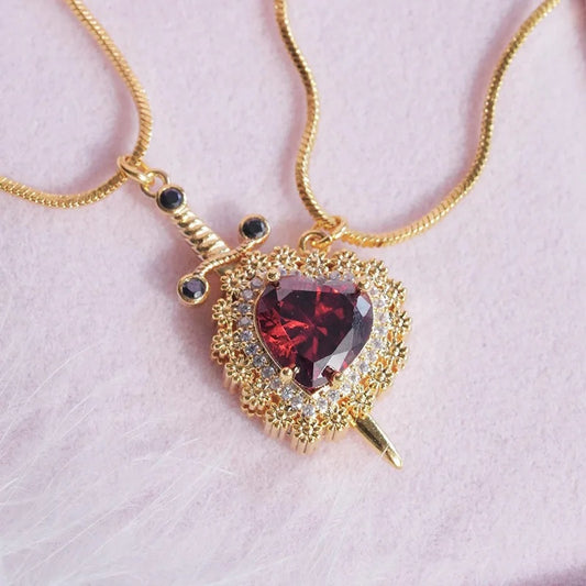 Gothic Punk One Arrow Through The Heart Creative Two Color Couple Necklace Red Rhinestone Heart Dagger Necklace Good Friend Gift Fashion Jewelry - globaltradeleader