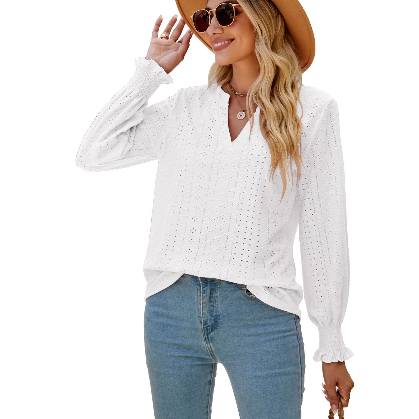 Solid Color Hollow-out Pleated Ruffle Shirts Sleeve V-neck Loose Long Sleeve Tops Women - globaltradeleader