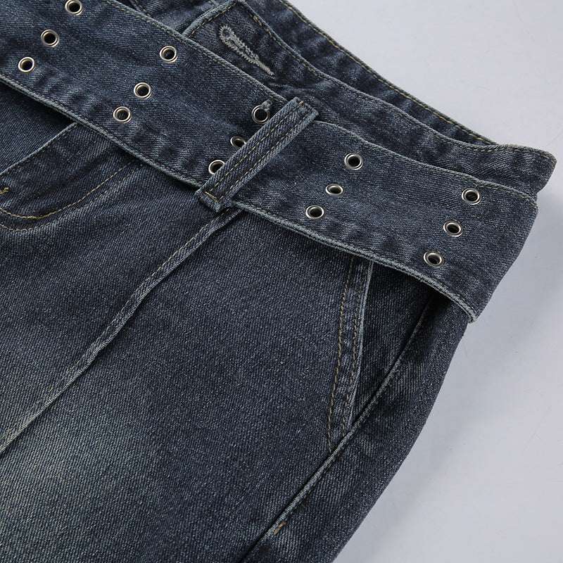 Retro Distressed Hot Girl Washed Belt Slimming Jeans - globaltradeleader
