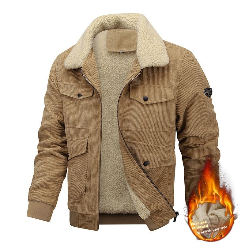 Winter Lapel Fleece Jacket With Pockets Warm Thicken Cotton Coat Men's Clothing - globaltradeleader