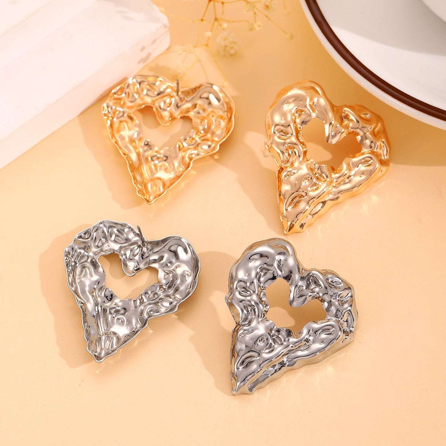 New Pleated Lava Hollow Heart-shaped Earrings Personality Exaggerated Love Earrings For Women Valentine's Day Jewelry - globaltradeleader