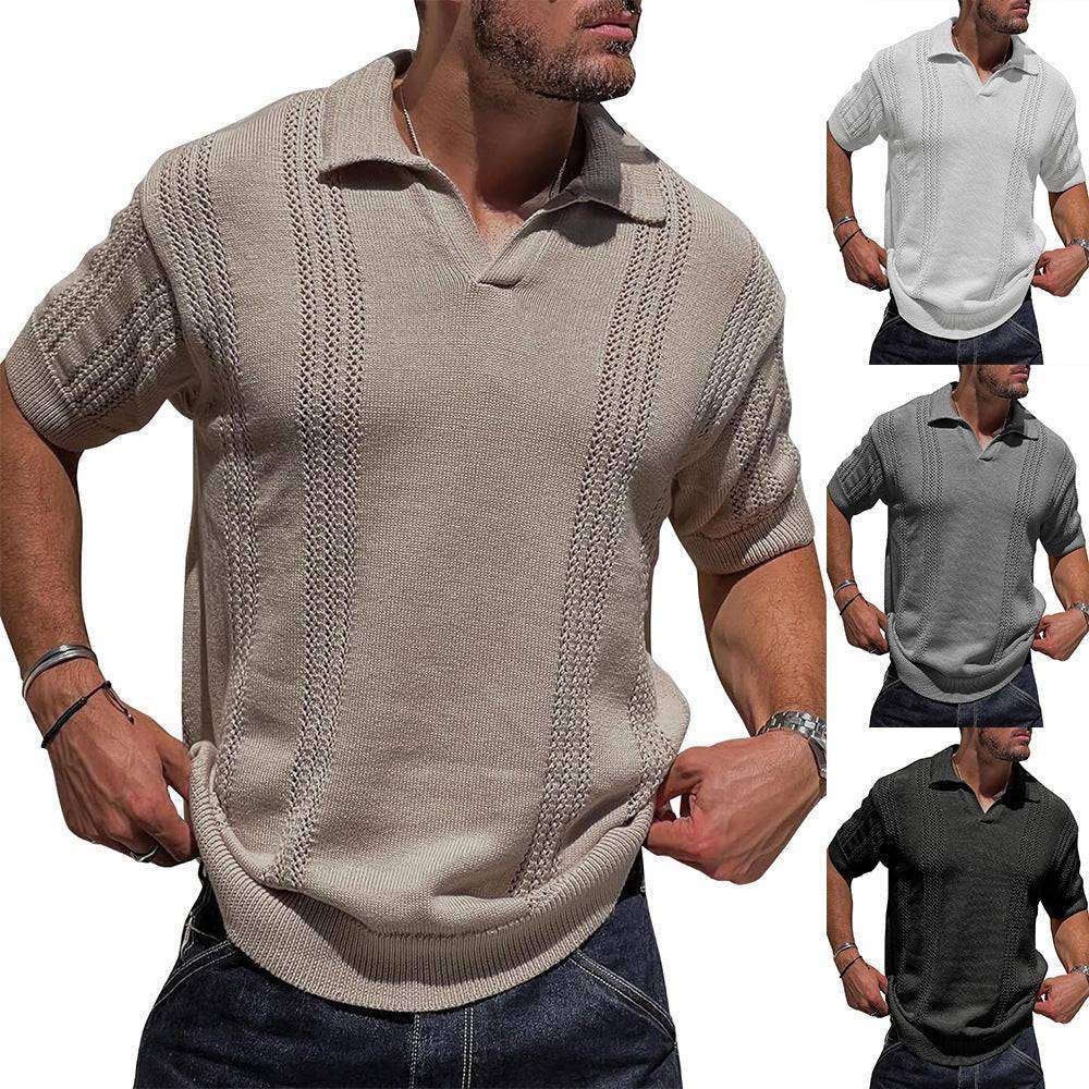 European And American Fashion Men's Knitted Polo Shirt Short Sleeve V-neck Hollow - globaltradeleader